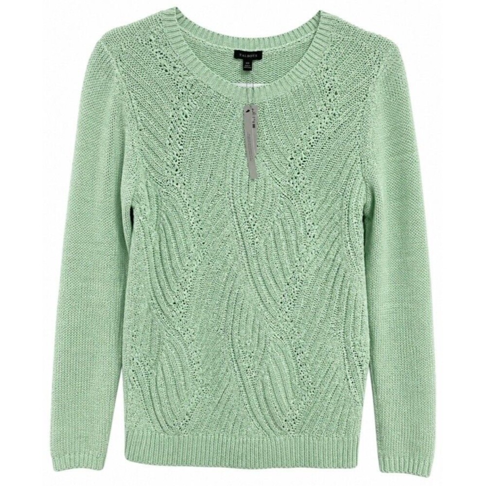NWT Talbots Mint Green Open Knit Chevron Sweater XS Textured Pointelle Crew Neck